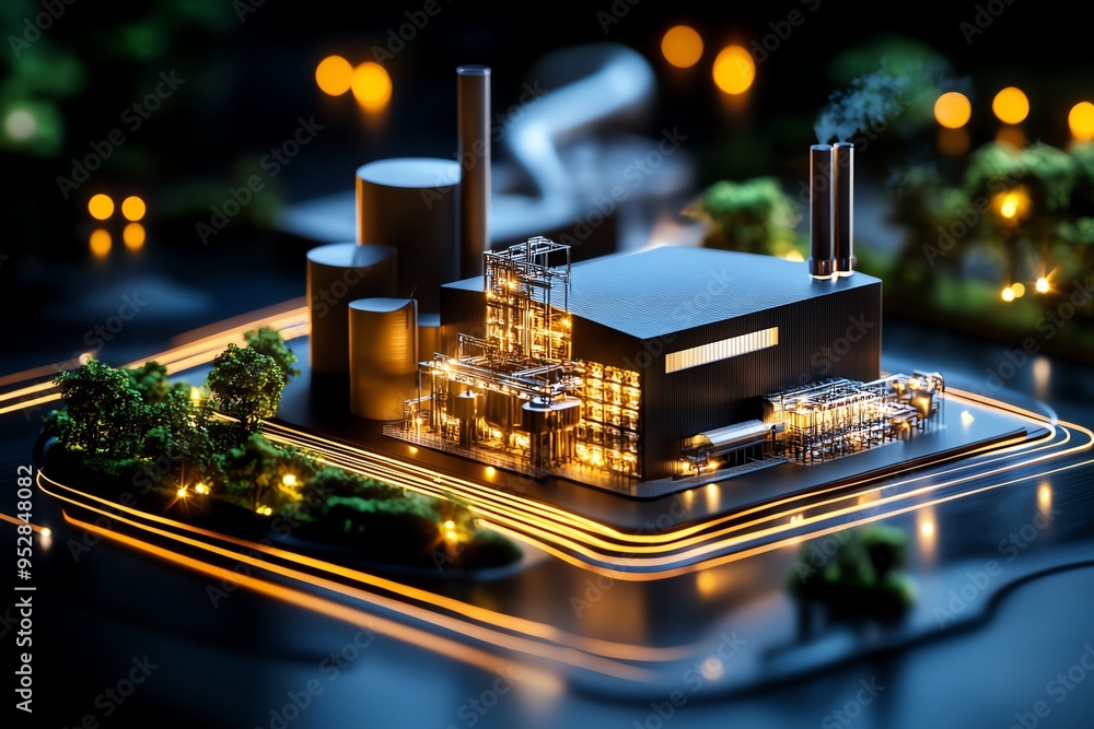 Aufkleber biomass facility structure is highlighted in a minimalist blueprint of a bioenergy processing plant,