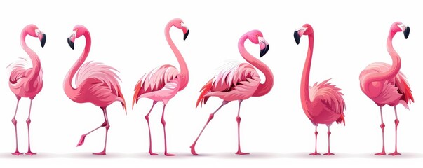 Obraz premium A group of illustrated pink flamingos in various poses on a white background, showcasing their elegance.