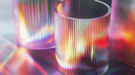 Macro glass 3d Y2K render abstract background. Transparent glassmorphism modern texture. Holographic curved wave in motion. Gradient design element.