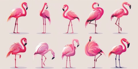 A group of illustrated pink flamingos in various poses on a white background, showcasing their elegance.
