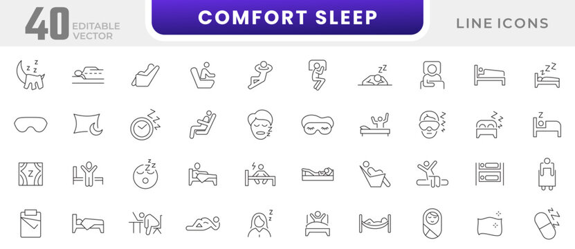 Comfort sleep line icon collection. Morning, bed, pillow, sleepy, day dreaming, night, blanket, and deep sleep icon set. UI outline icon pack