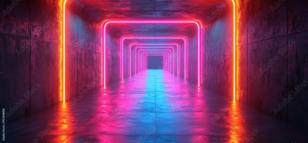 Wall mural Abstract empty corridor with neon lights, a cyberpunk-style background for design and banner. 