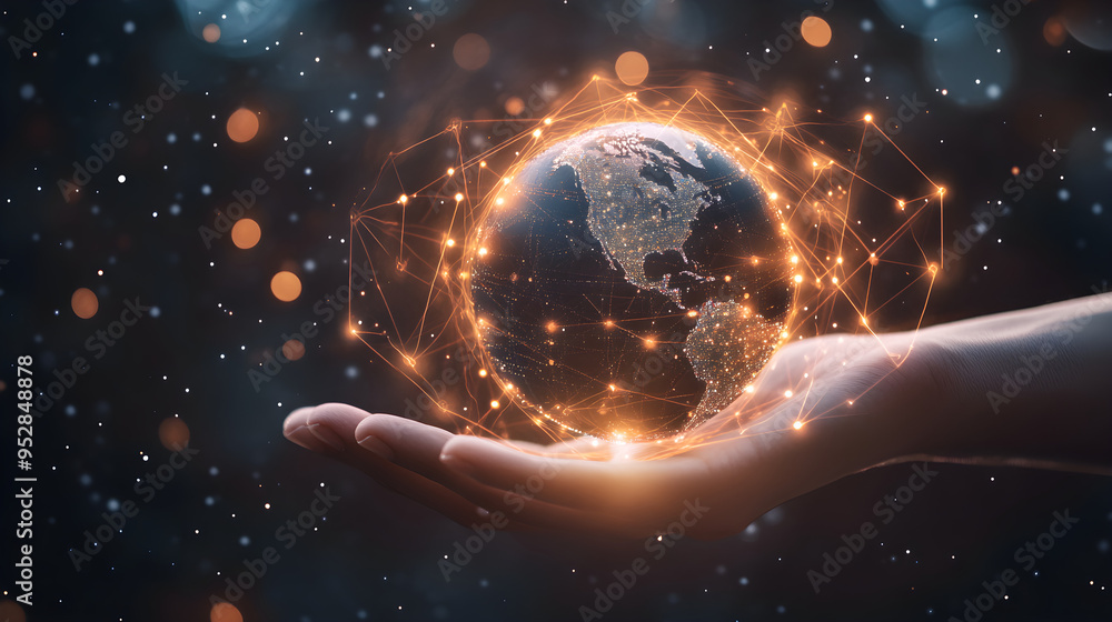 Poster digital globe held by hand sleek representation of global integration and influence