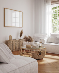 Frame mockup in white modern interior with rattan furniture and pampas, 3d render