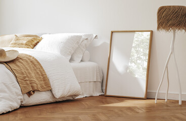 Mockup frame in bedroom interior background, Coastal boho style, 3d render © artjafara