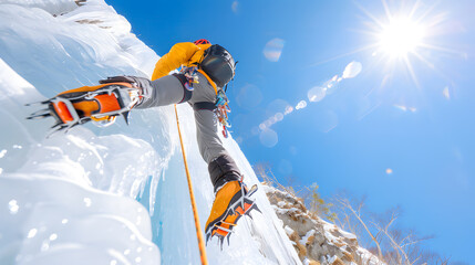 Ice Climber Scaling a Frozen Waterfall | Extreme Adventure and Winter Sports in Majestic Frozen Landscapes