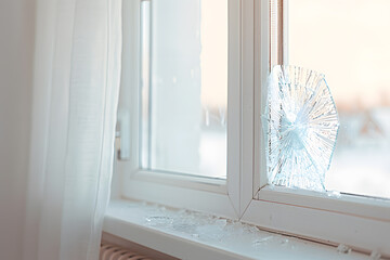 Obraz premium Cracked House Window Glass | Damaged Windowpane Requiring Repair for Home Safety and Maintenance