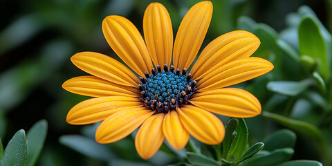 Vibrant yellow flower with blue center blooming in a lush green garden during early spring