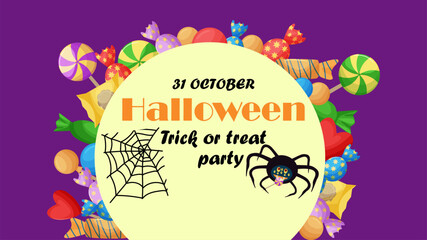 Happy Halloween invitation flyer. Halloween party Banner. Trick or treat party. Cobweb and spider with a candy cane in a yellow circle on a purple background with sweets. Candies and lollipops. Vector