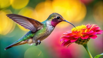 Fototapeta premium Beautiful hummingbird drinking nectar from a colorful flower, hummingbird, flower, nature, wildlife, vibrant