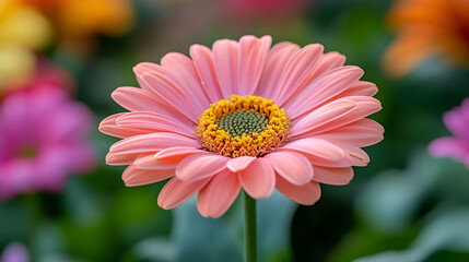 Obraz premium A vibrant pink gerbera daisy blooms under soft sunlight in a colorful garden during springtime