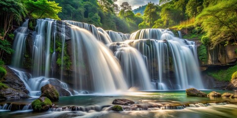 Obraz premium Long exposure photo of a majestic waterfall flowing gracefully, waterfall, long exposure, nature, serene, flowing