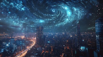 Fototapeta premium Cityscape at Night with a Twirling Starry Sky