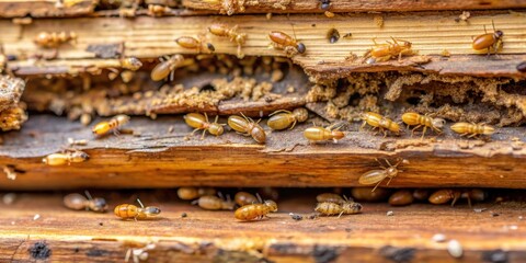 Termite infestation damaging soft wet wood in a domestic house , termites, destruction, wood damage