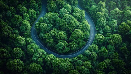 Aerial view of a road crossing through a dense green forest, a top-down perspective. A visual representation of the crossroads in nature with roads winding and connecting various areas.