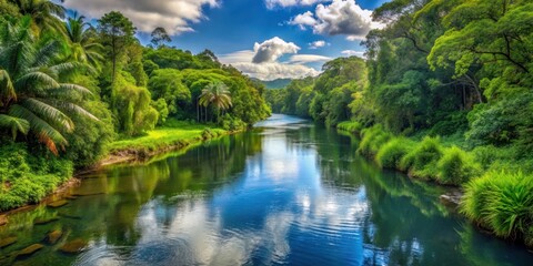 Fototapeta premium A picturesque river flanked by lush vegetation , river, trees, plants, nature, landscape, peaceful, serene, scenic