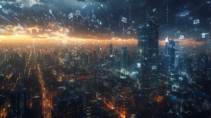 Nighttime Cityscape with Abstract Digital Data Overlay