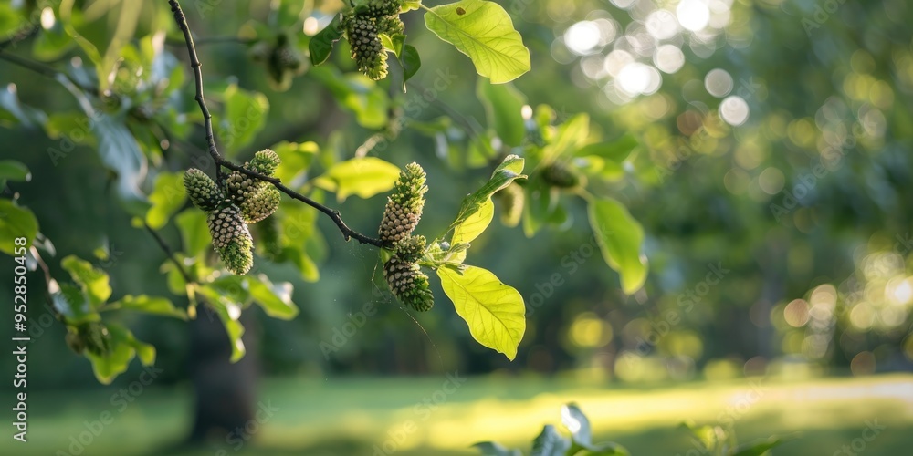 Poster alder tree with green cones and leaves in a park setting with a shallow depth of field