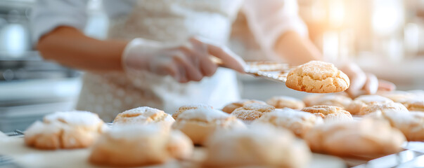 Bright Kitchen Scene: Lady Taking Out Freshly Baked Cookies | Warm and Inviting Home Baking Moment