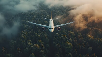 Fototapeta premium Aerial view of an airplane flying over a lush green forest, symbolizing environmental protection and sustainability in travel and transport. 