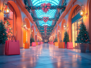 Obraz premium Central empty 3D podium surrounded by banners featuring holiday deals and savings. The scene is filled with animated visuals of shopping bags, creating a lively, festive atmosphere.