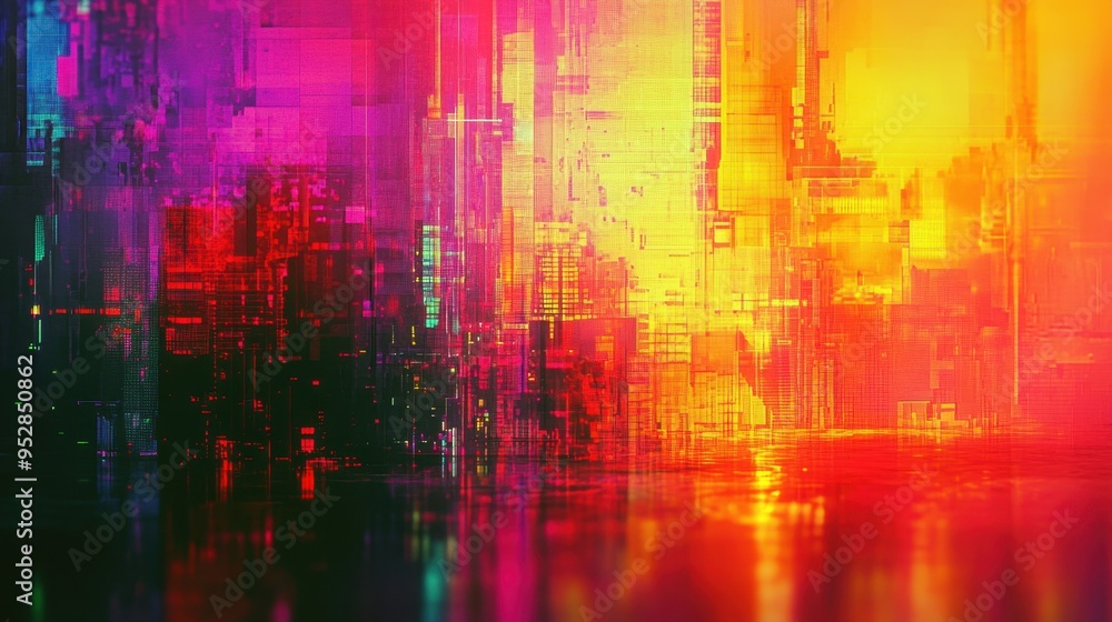 Poster abstract glitch art background showcasing distorted pixelated patterns and vivid colors, demonstrati