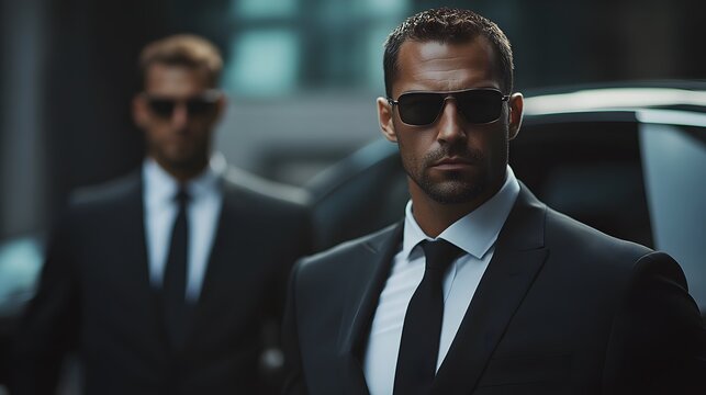 Two bodyguards in black suits standing beside a luxury vehicle in an urban environment