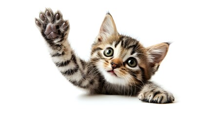 Obraz premium A playful kitten with its paws up, captured on a white background. The kitten is shown in an endearing pose, emphasizing its playful and curious nature.