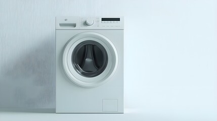A white washing machine on a white background, highlighting its simple, contemporary design. The washing machine is shown with the door closed, focusing on its functional and stylish appearance.
