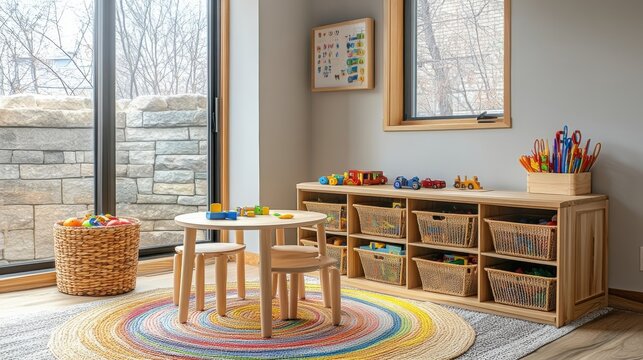 organized kids playroom, modern playroom features wooden toy storage bins and a functional table, promoting organization and independence for children