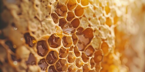 Close up of aged honeycomb with remnants of honey Farm beekeeping bee breeding and honey extraction Selective focus