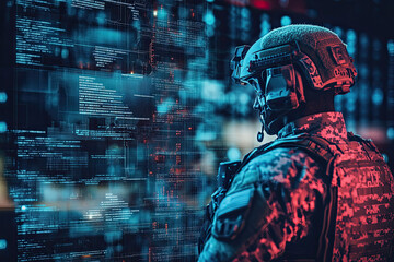 Soldiers in Uniform with Digital Background - Global Cyber Security        