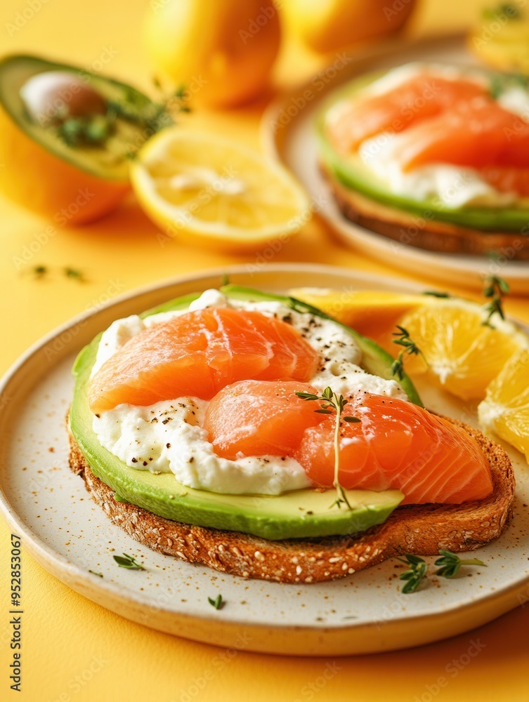 Aufkleber a healthy breakfast features avocado toast topped with cucumber slices of salmon