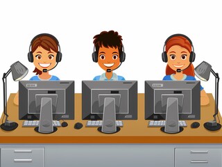 AI-Generated image of Three children are sitting at a desk with computer monitors in front of them