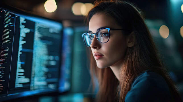 Woman working in IT Closeup with Digital Background - Global Cyber Security
