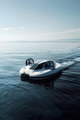 High-Tech Hovercraft Navigates Tranquil Waters Under a Clear Sky on a Sunny Day