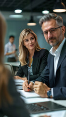 A professional business meeting featuring a female executive engaging with a male colleague. Ideal for corporate presentations, articles, and marketing materials showcasing teamwork and collaboration