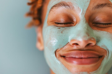 Fototapeta premium A young person relaxing with a green clay mask on their face, enjoying skincare in a calm, serene environment