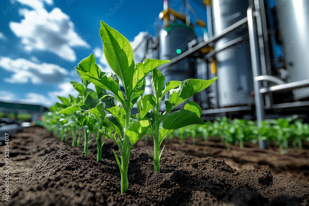 Poster biomass project development is captured in a realistic photo of a bioenergy farm under construction,