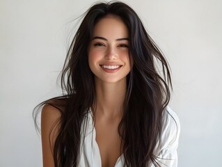 young woman with long dark hair poses confidently on white background