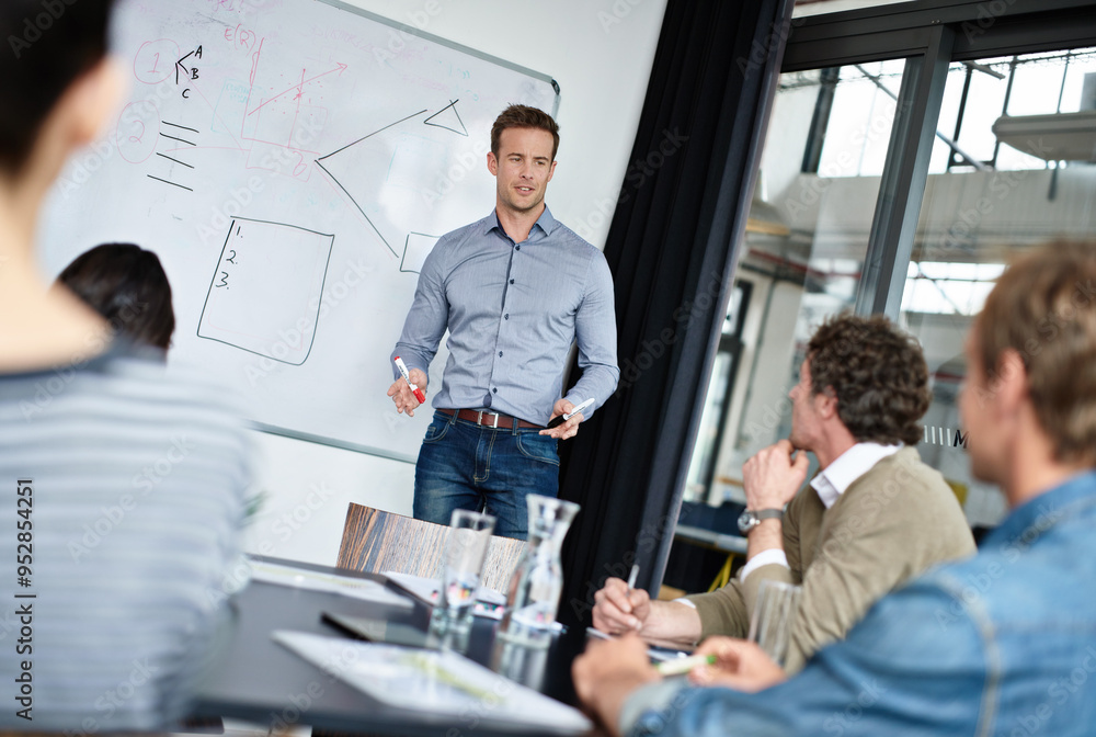 Poster businessman, whiteboard and discussion with team for meeting, company mission or workflow at office.