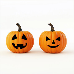 Two Carved Jack-o-lantern, happy and sad face, realism, isolated on white background, cute pumpkins for halloween