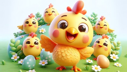 Cute cartoon chick surrounded by Easter eggs and flowers.