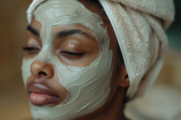 Relaxing facial treatment with a clay mask on skin at a spa, designed for rejuvenation and nourishment of beauty
