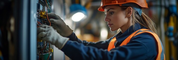 Fototapeta premium A female commercial electrician concentrates on her work, adjusting wires inside an electrical panel while wearing safety gear and gloves to ensure efficiency and safety