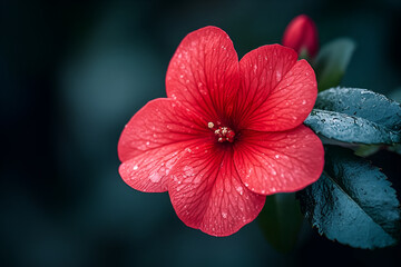 Close-up of a vibrant red flower with delicate petals and raindrops resting on lush green leaves in a garden setting