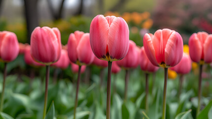 Beautiful pink tulips bloom in a vibrant garden during springtime, creating a colorful landscape filled with life and serenity