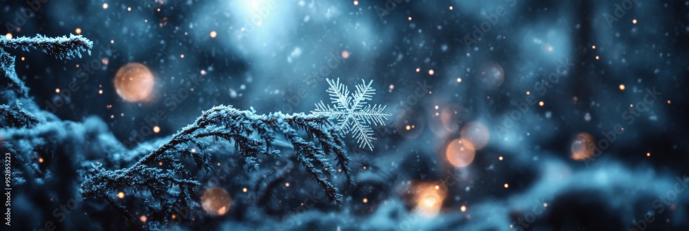 Poster snowflakes drift gracefully through a dense forest, softly illuminated by ambient light, creating a 