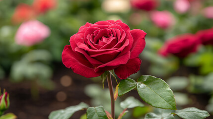 Fototapeta premium Vibrant red rose blooming in a sunlit garden surrounded by lush greenery and colorful flower beds during spring season