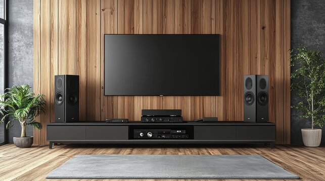 modern home theater with sleek black speakers minimalist media console stylish interior design concept banner